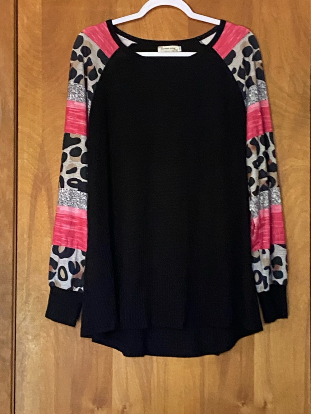 Black Long Sleeve Tee with Pink Leopard Stripe Sleeves